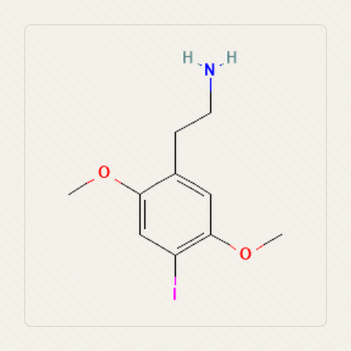 2C-I 2,5-dimetoksy-4-jodofenetyloamina，分子結構的教學圖
